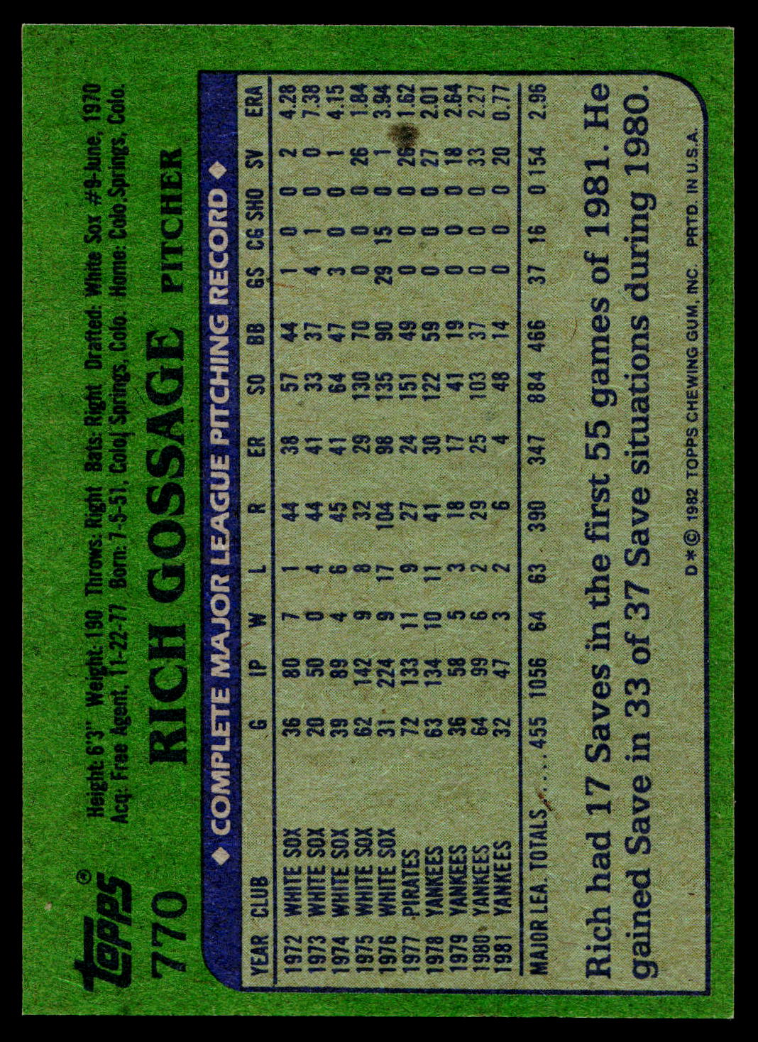 1982 Topps #770 Rich Gossage