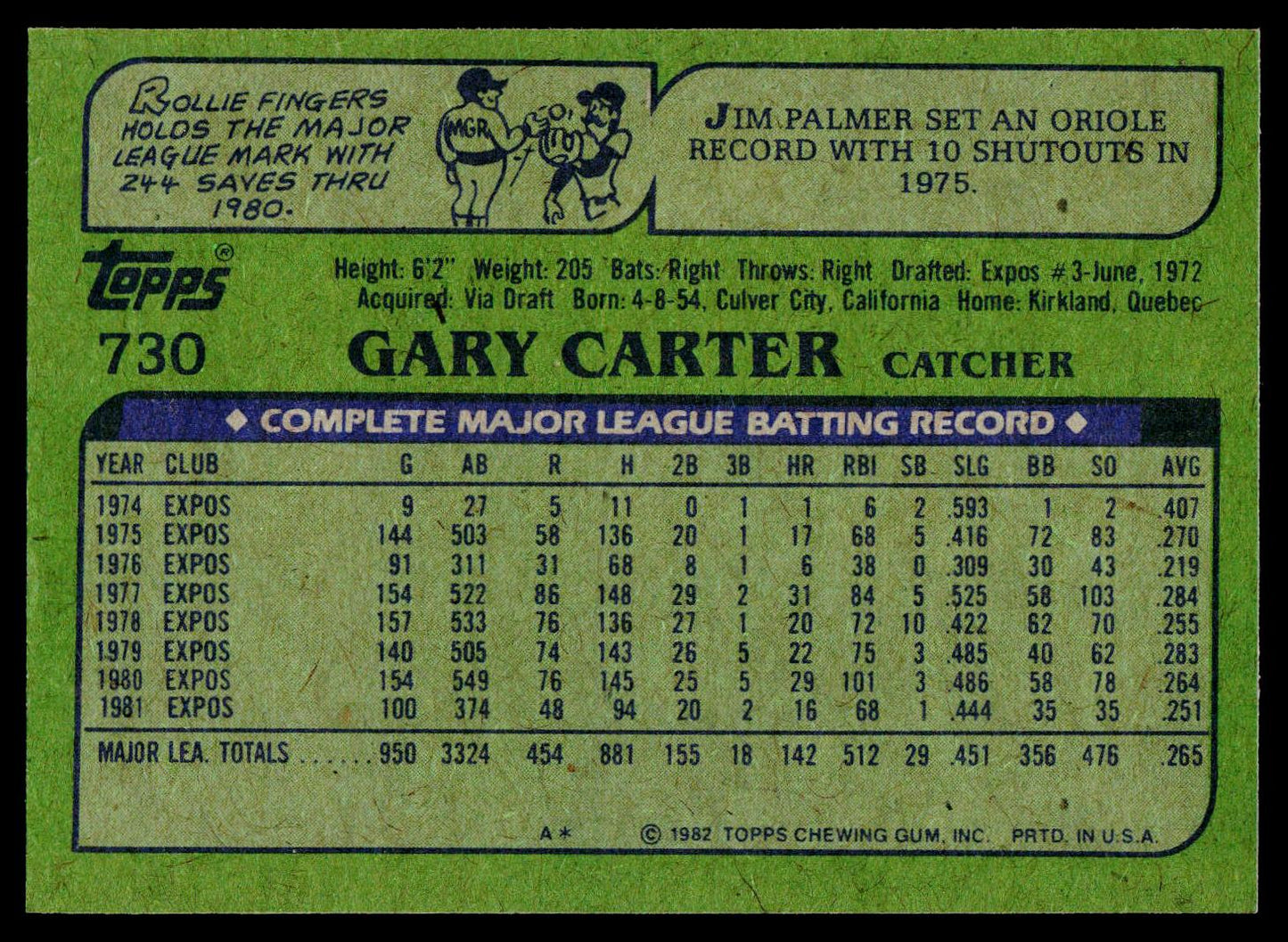 1982 Topps #730 Gary Carter