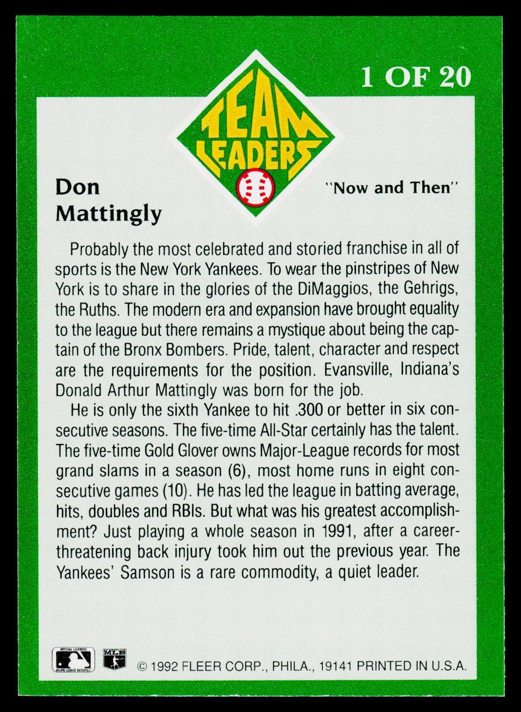 1992 Fleer #1 Don Mattingly Team Leaders
