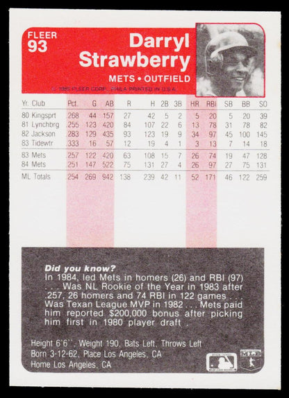 1985 Fleer #93 Darryl Strawberry