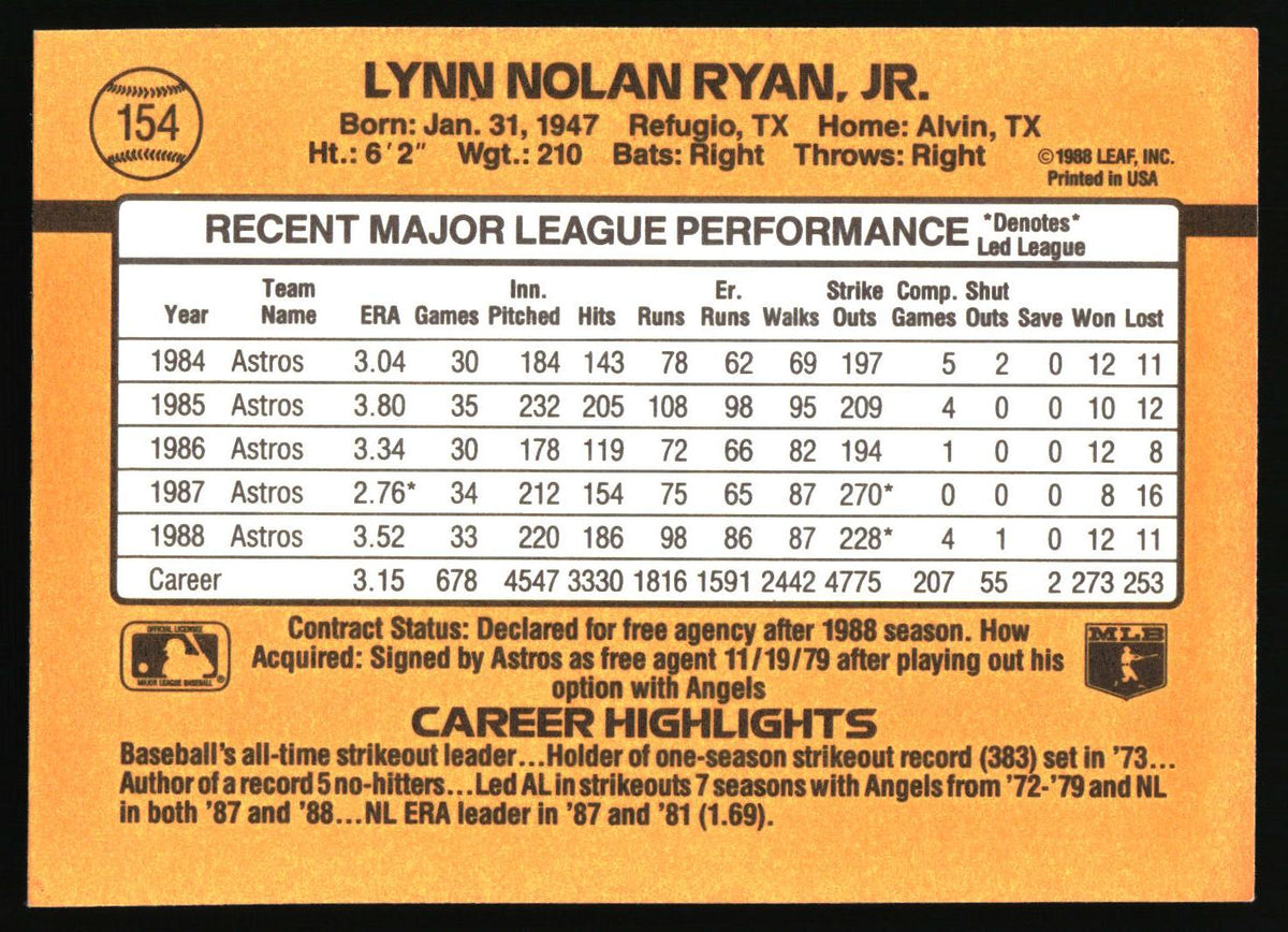 1989 Donruss #154 Nolan Ryan