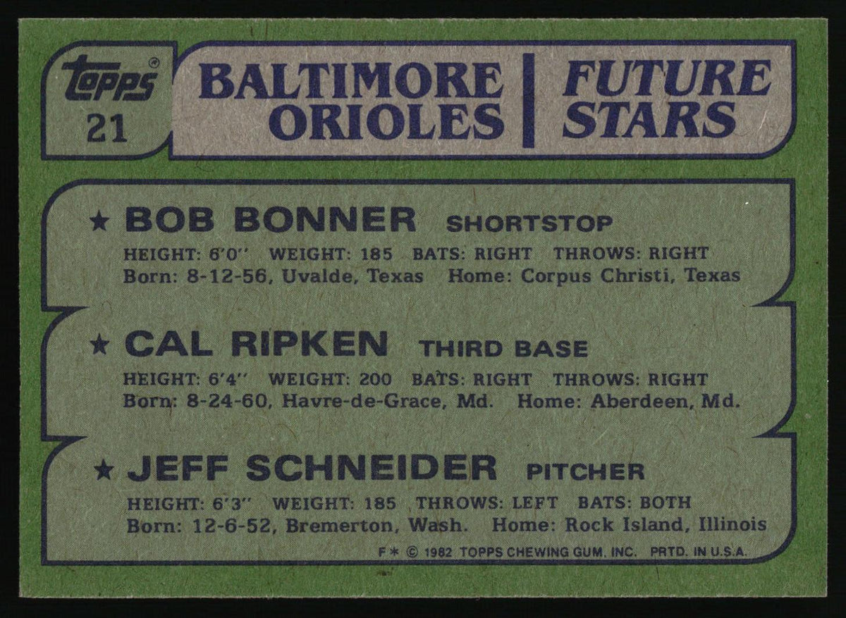 1982 Topps #21 Orioles Future Stars (Bob Bonner / Cal Ripken / Jeff Schneider)