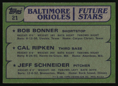 1982 Topps #21 Orioles Future Stars (Bob Bonner / Cal Ripken / Jeff Schneider)