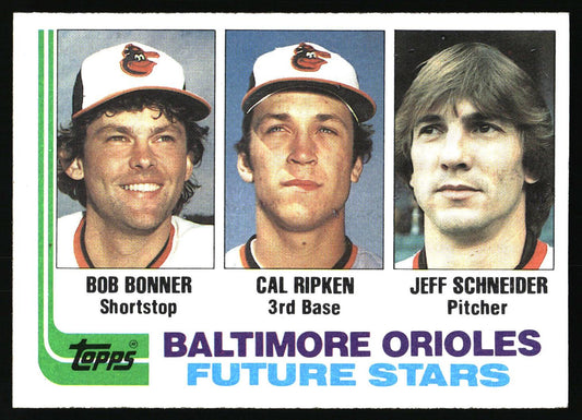 1982 Topps #21 Orioles Future Stars (Bob Bonner / Cal Ripken / Jeff Schneider)
