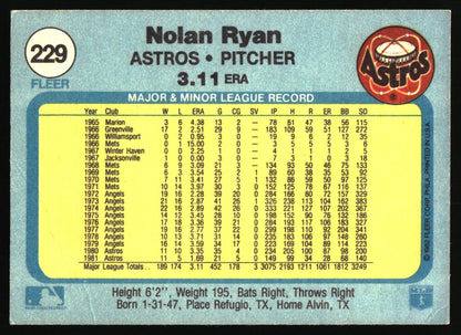 1982 Fleer #229 Nolan Ryan