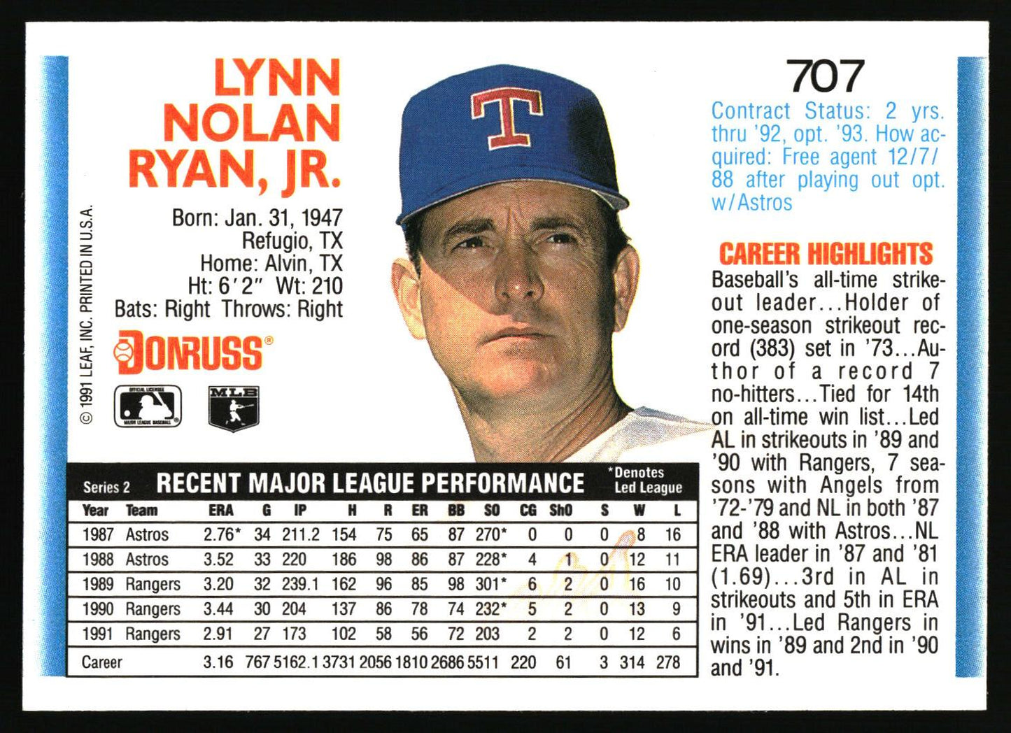 1992 Donruss #707 Nolan Ryan