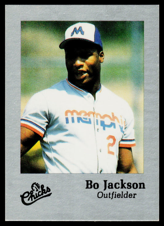 A vintage baseball trading card featuring Bo Jackson, an outfielder for the Memphis Tigers. The card has a gray border with the 'Fly Chicks' logo in the bottom-left corner and 'Bo Jackson Outfielder' printed in the bottom-right.