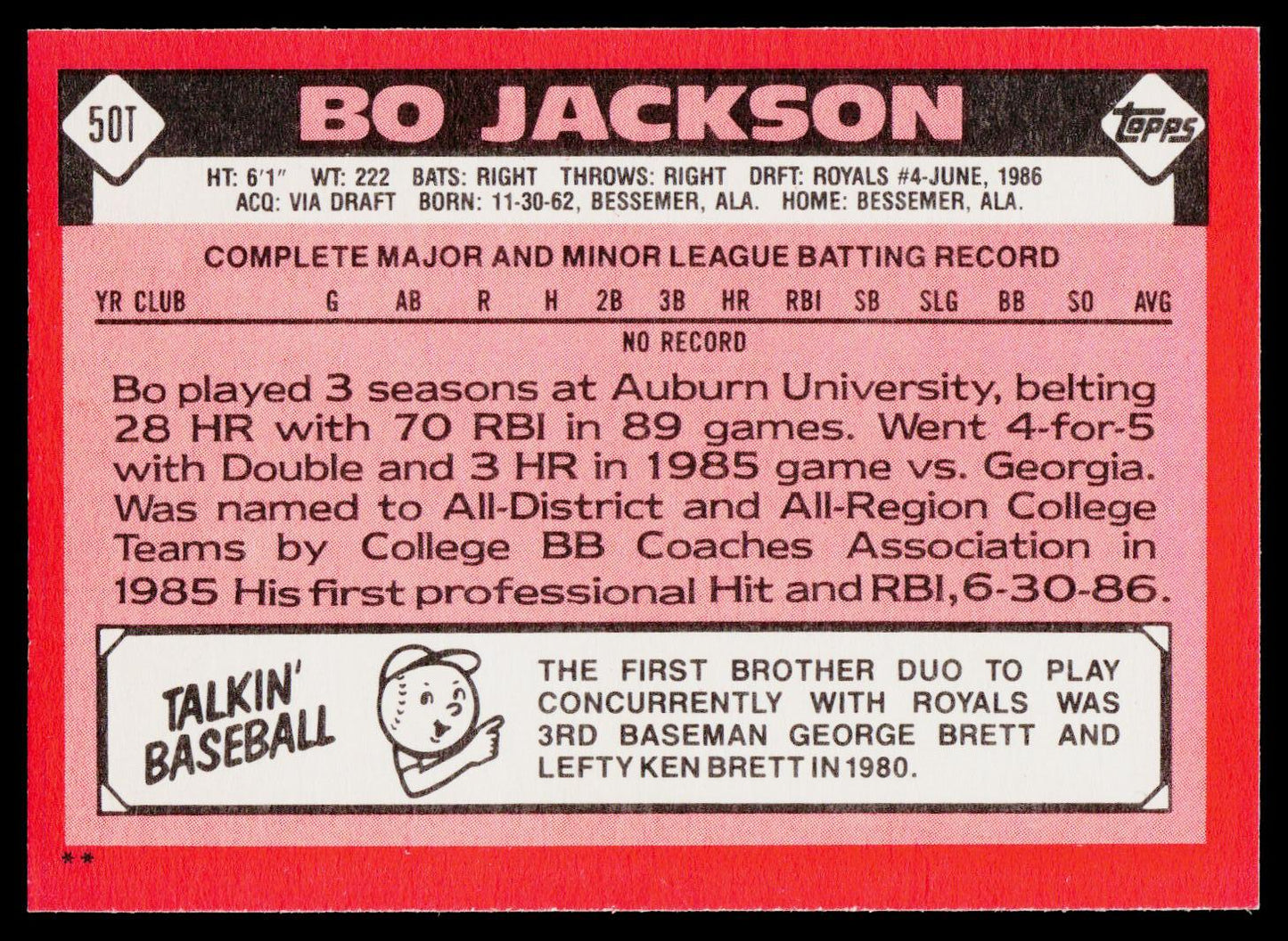 1986 Topps Traded #50T Bo Jackson