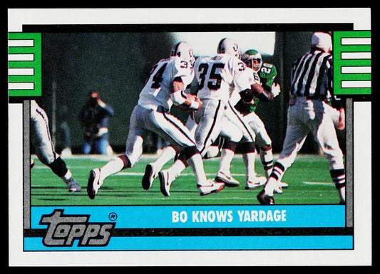 A vintage Topps football trading card featuring Bo Knowls yardage action on the field, with a bright blue vertical banner on the right side displaying 'BO KNOWLS YARDAGE' and the Topps logo at the bottom.