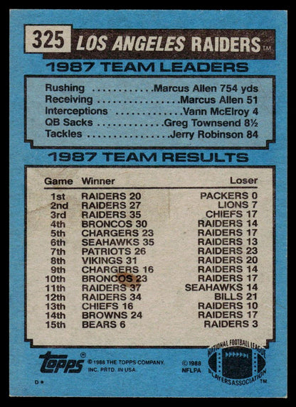 A vintage 1987 Topps football trading card back, number 325, featuring Los Angeles Raiders statistics and team leaders for 1987 on a blue background.