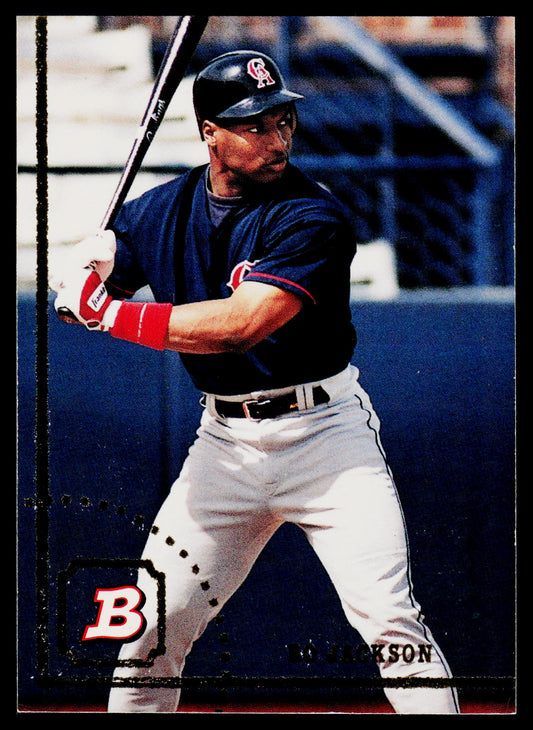 A baseball trading card featuring player Tom Jackson in a batting stance, wearing a navy blue Boston Red Sox uniform with white pants and a navy helmet with a red 'B' logo. The card has a black border with a red 'B' logo in the bottom left corner and 'TOM JACKSON' printed at the bottom right.