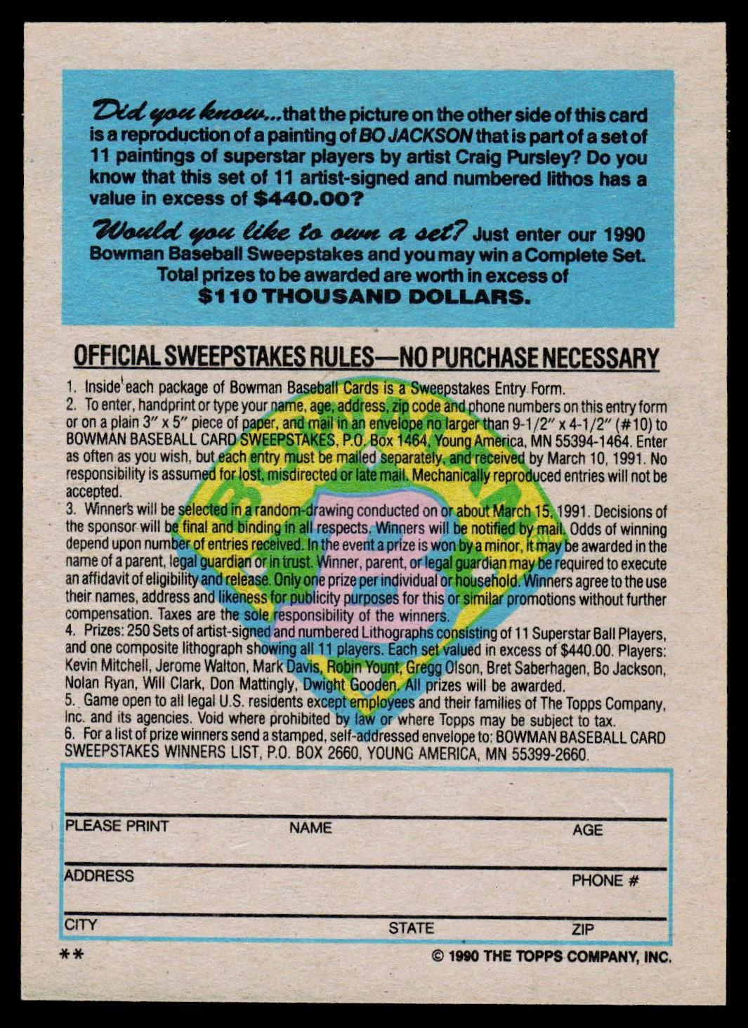 1990 Bowman #NNO Bo Jackson Sweepstakes