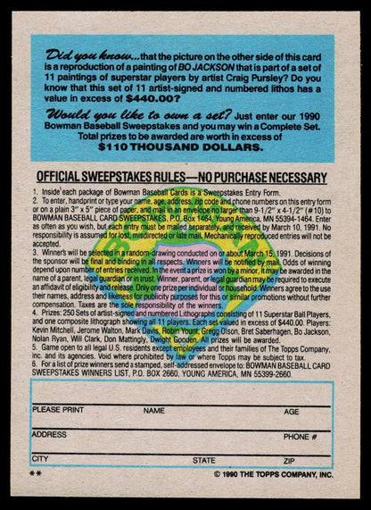 1990 Bowman #NNO Bo Jackson Sweepstakes