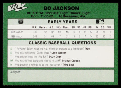 1987 Classic Update Yellow/Green Backs #109 Bo Jackson