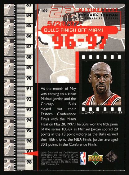 A 1996-1997 Upper Deck Michael Jordan basketball trading card featuring a black and white filmstrip design with red accents, player statistics, and a portrait of Jordan.