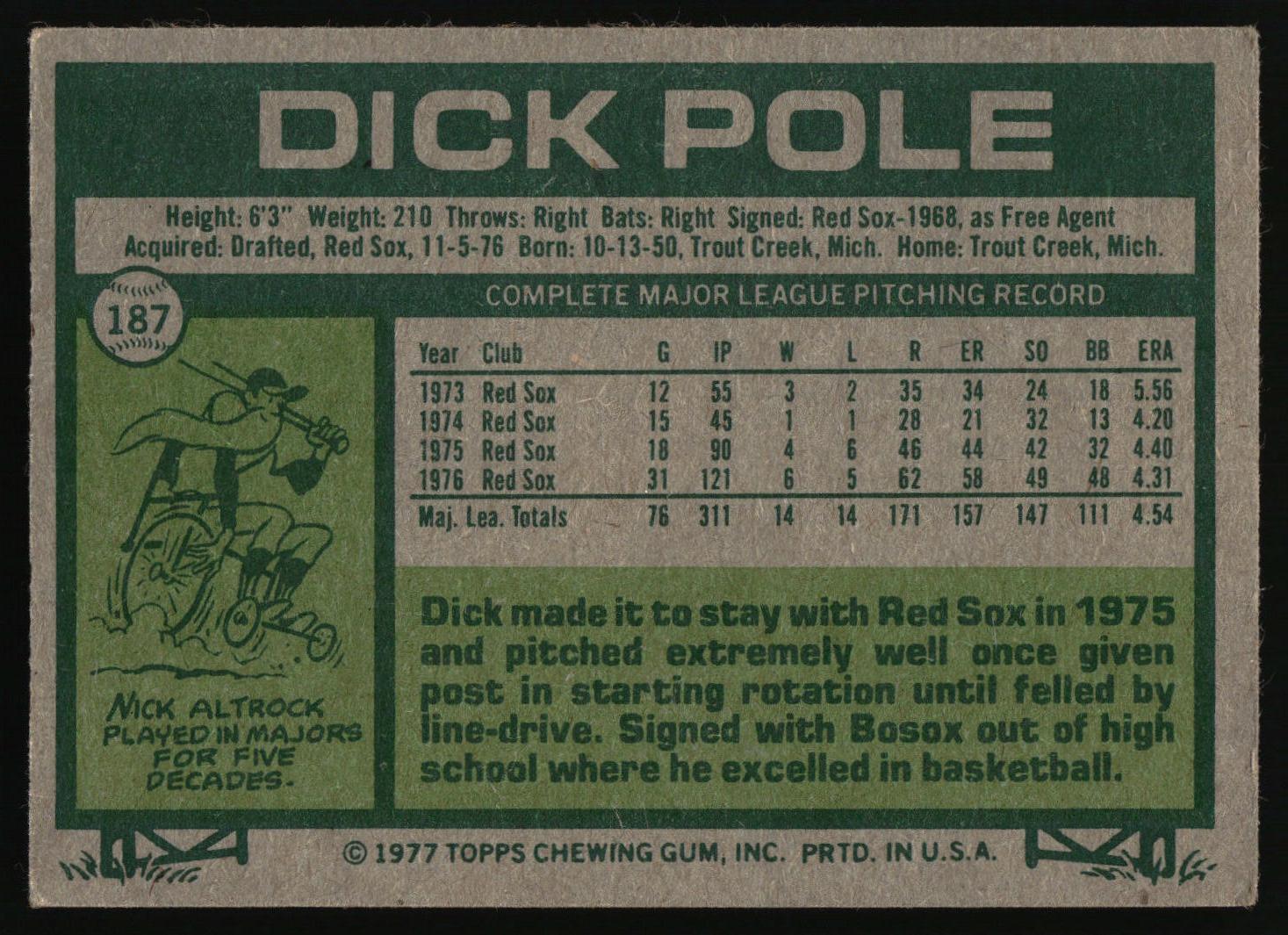 Back of a vintage 1977 Topps baseball trading card featuring Dick Pole, with green and beige design, player statistics, a small cartoon illustration, and biographical text.