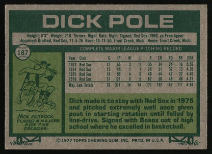 Back of a vintage 1977 Topps baseball trading card featuring Dick Pole, with green and beige design, player statistics, a small cartoon illustration, and biographical text.