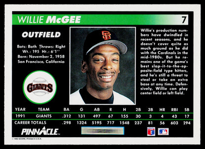 1992 Pinnacle #7 Willie McGee