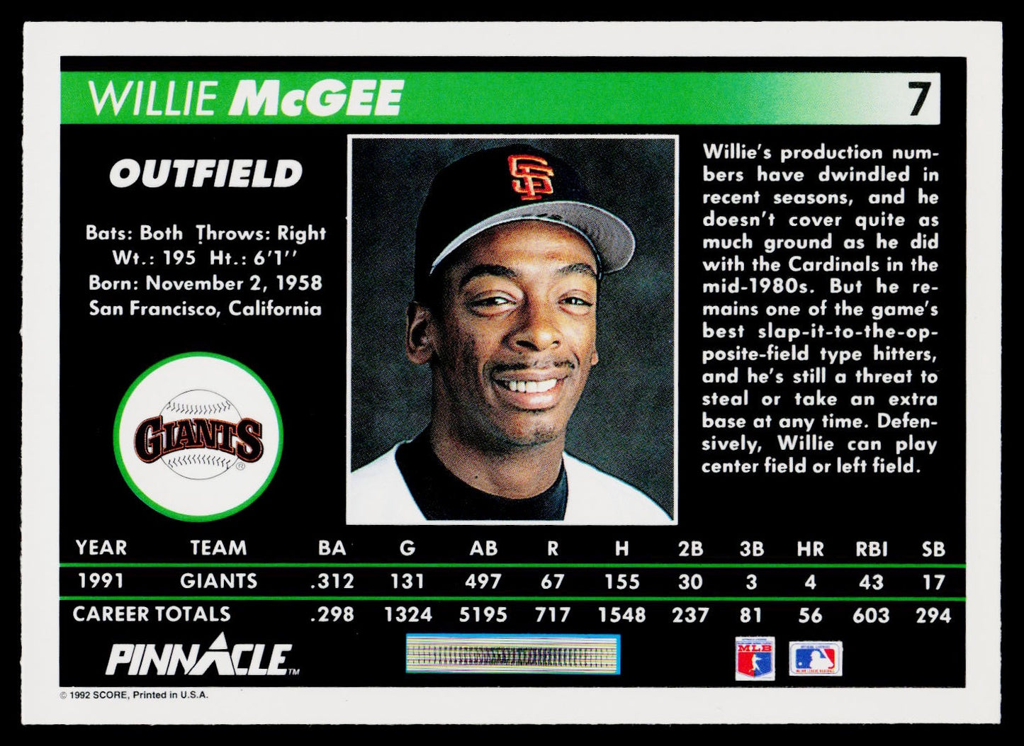 1992 Pinnacle #7 Willie McGee