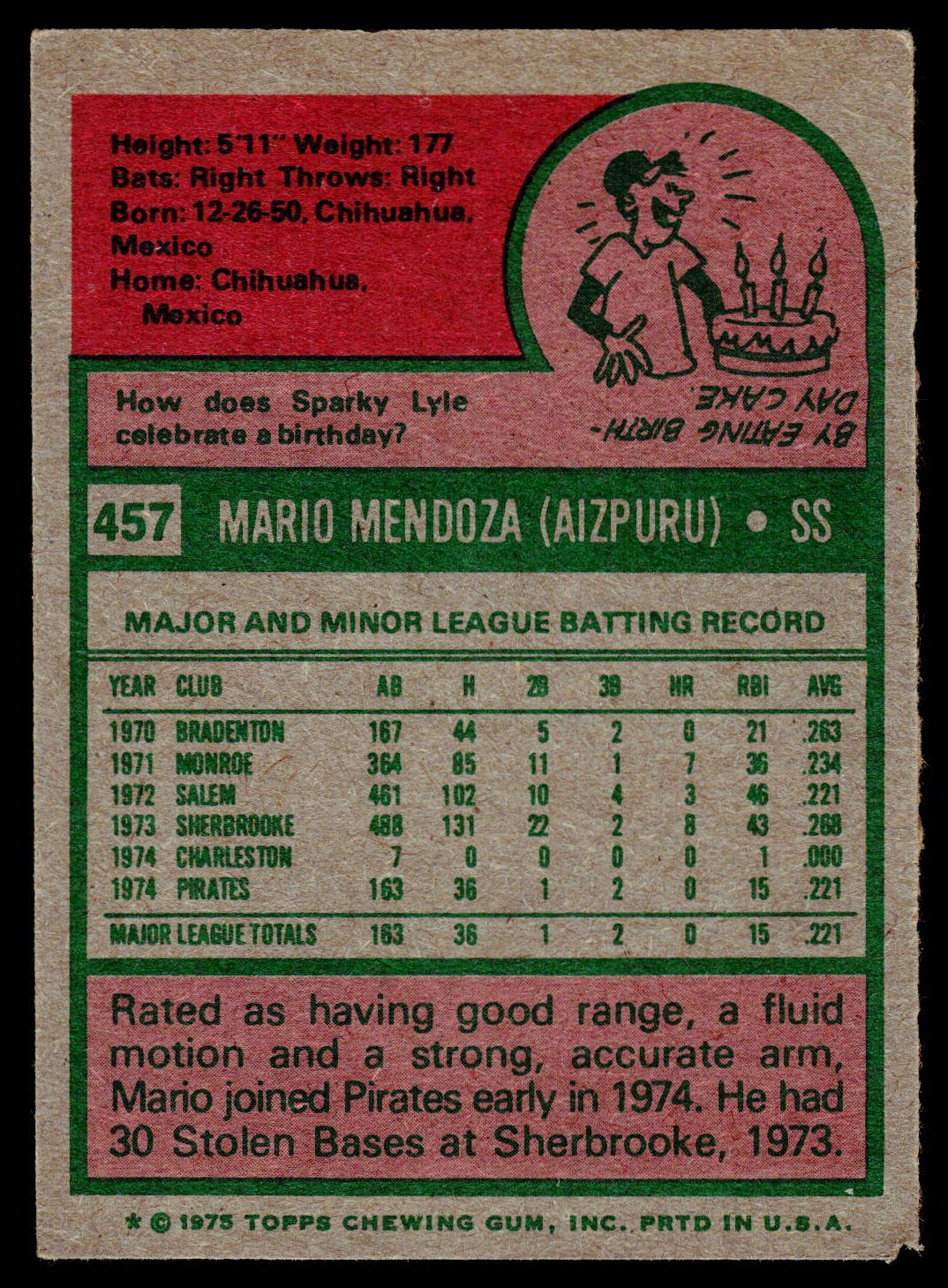 1975 Topps #457 Mario Mendoza