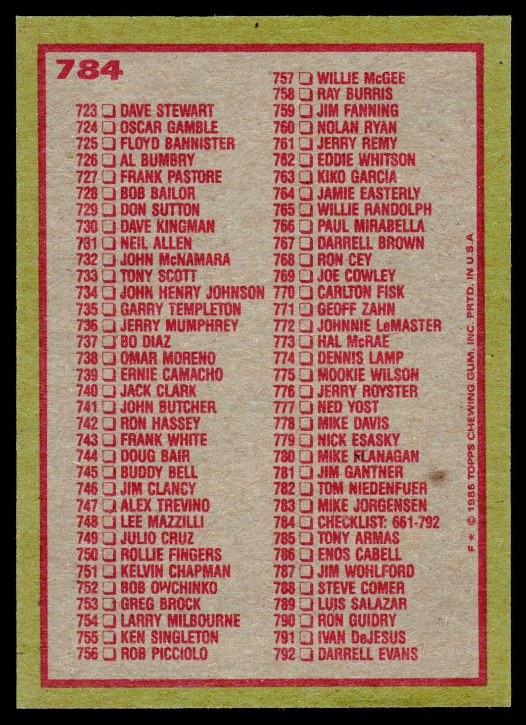 1985 Topps #784 Checklist: 661-792