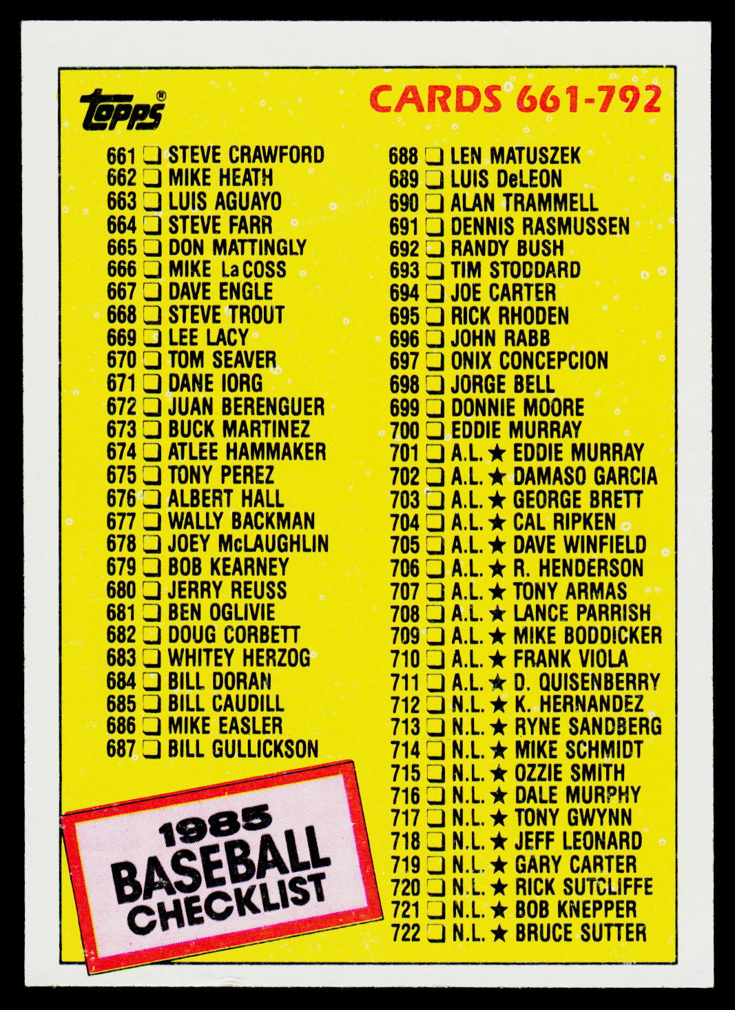 1985 Topps #784 Checklist: 661-792