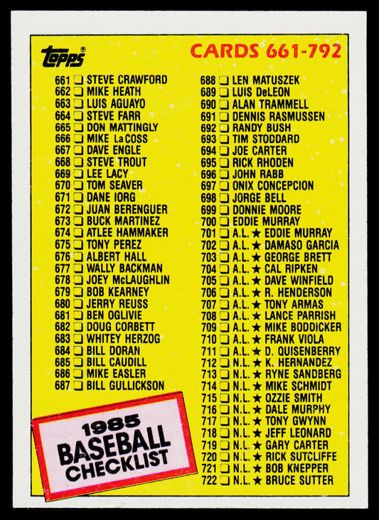 1985 Topps #784 Checklist: 661-792