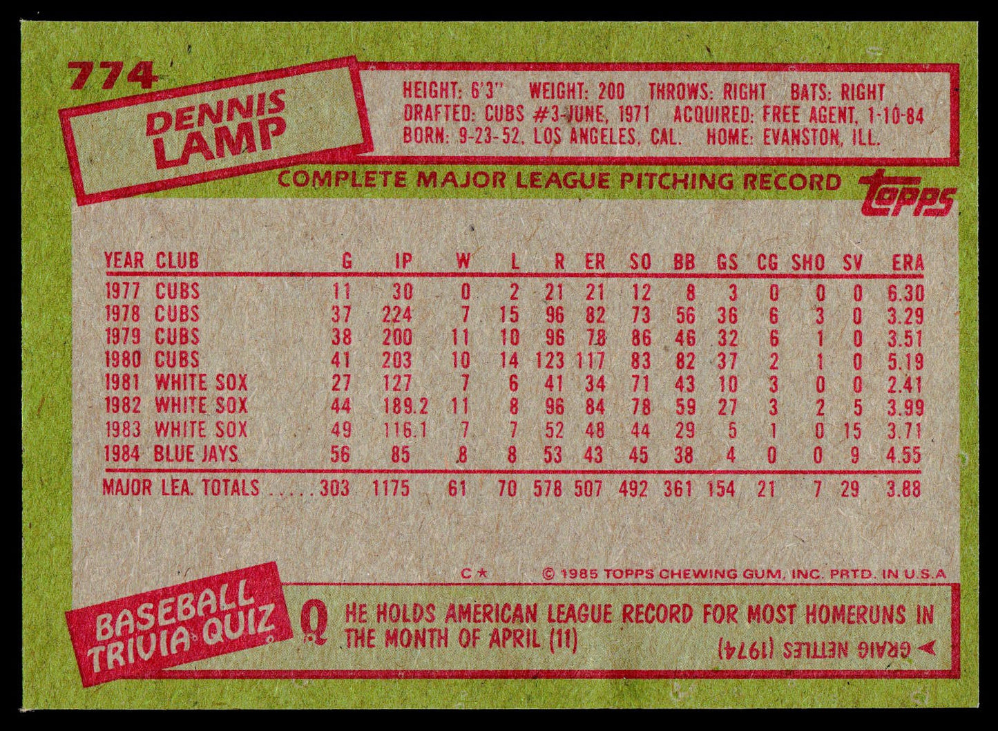 1985 Topps #774 Dennis Lamp