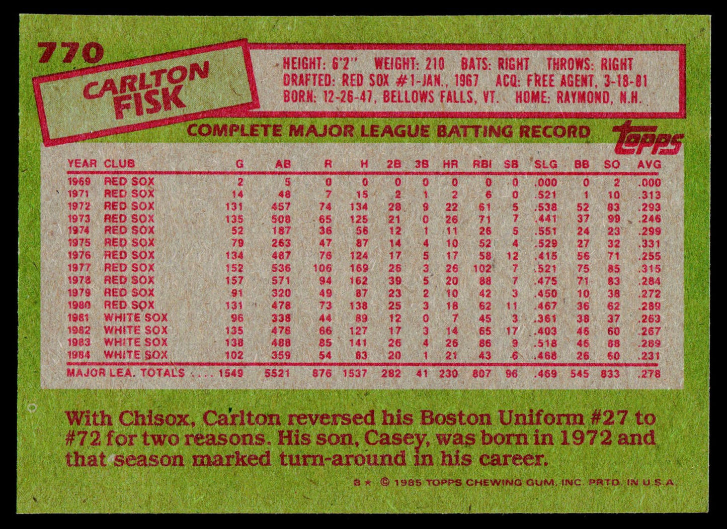 1985 Topps #770 Carlton Fisk