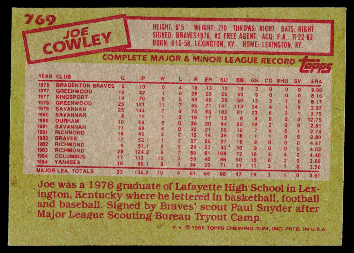 1985 Topps #769 Joe Cowley