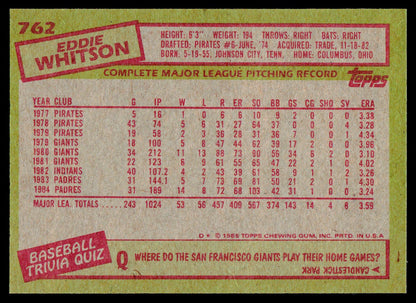 1985 Topps #762 Eddie Whitson