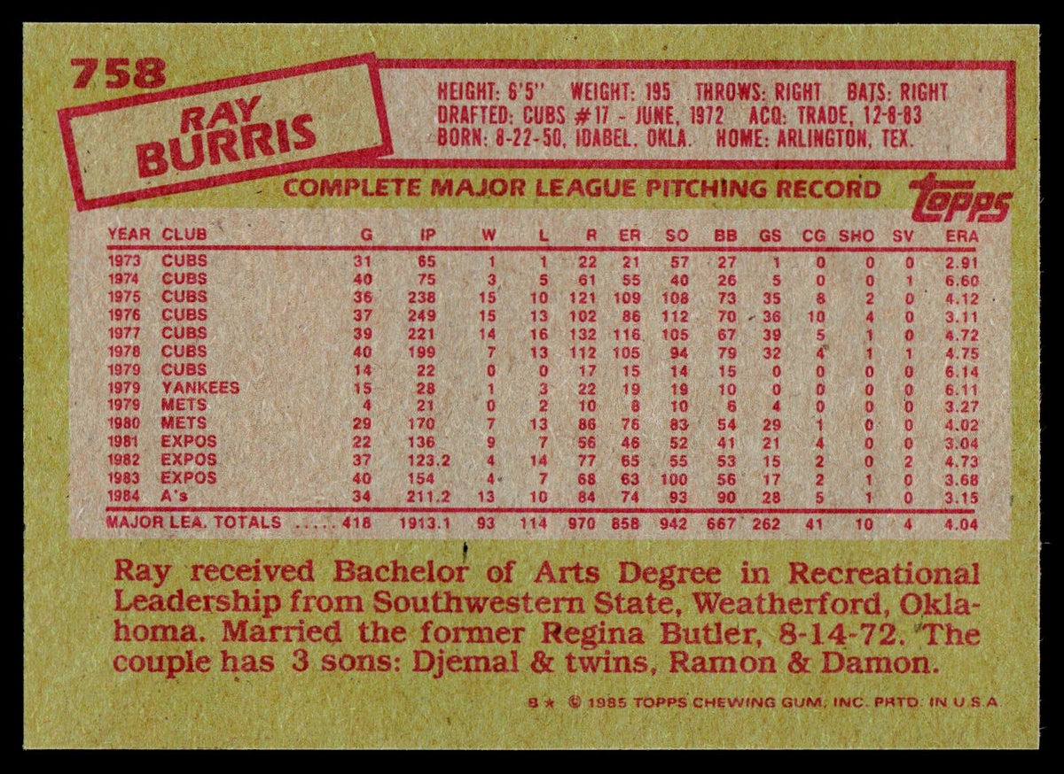 1985 Topps #758 Ray Burris