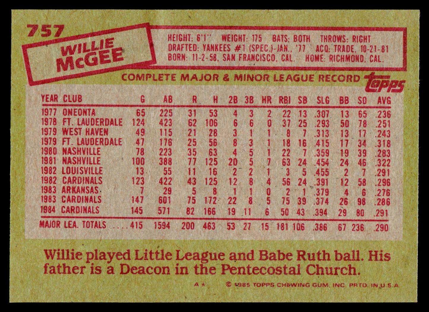 1985 Topps #757 Willie McGee