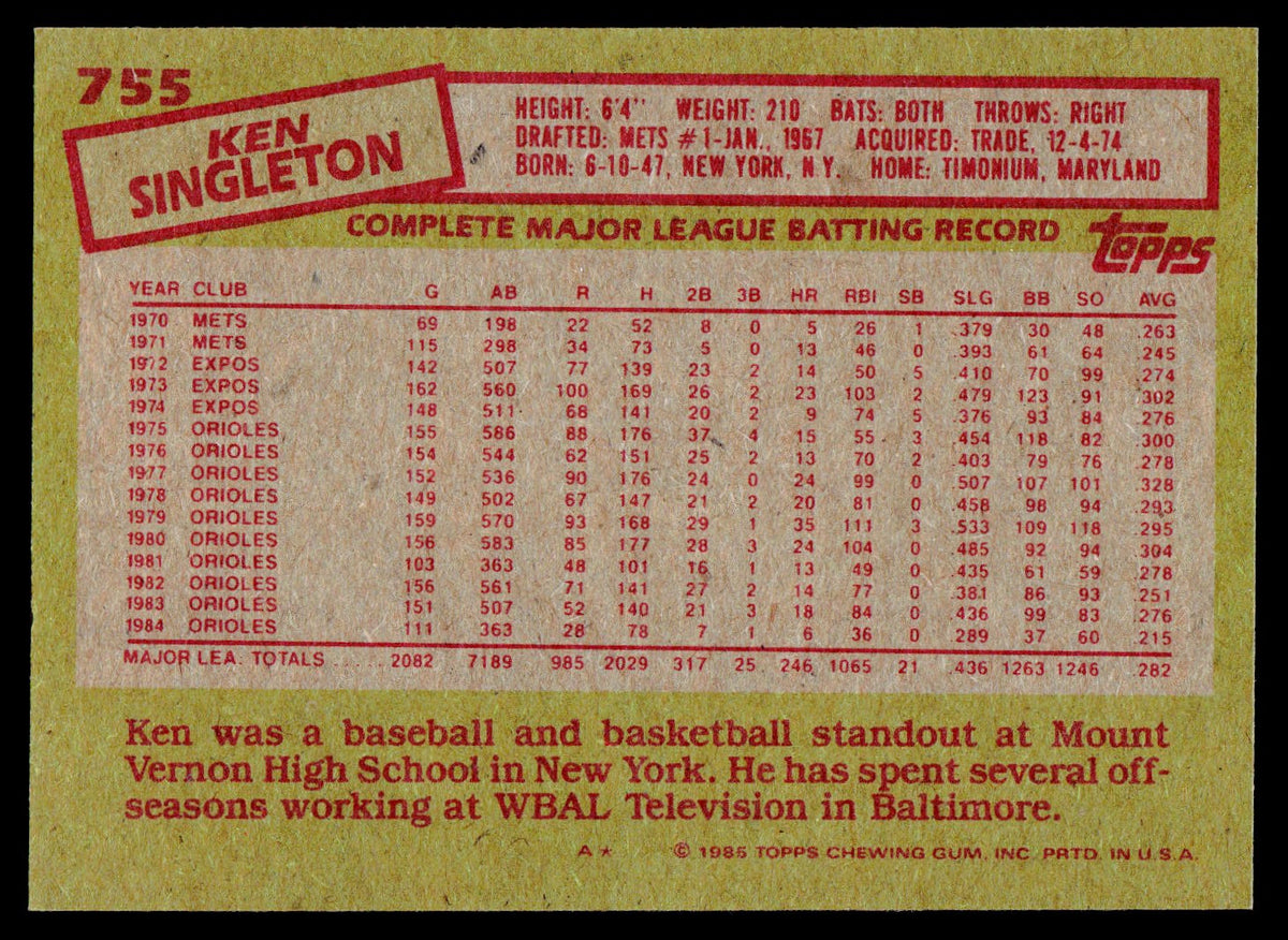 1985 Topps #755 Ken Singleton