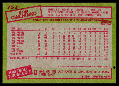 1985 Topps #752 Bob Owchinko