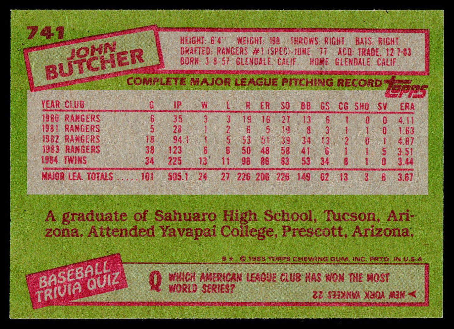 1985 Topps #741 John Butcher