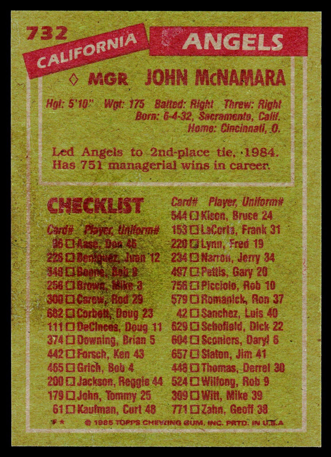 A vintage baseball trading card back for John McNamara of the California Angels, featuring a yellow-green background with red and white text blocks and a checklist column.