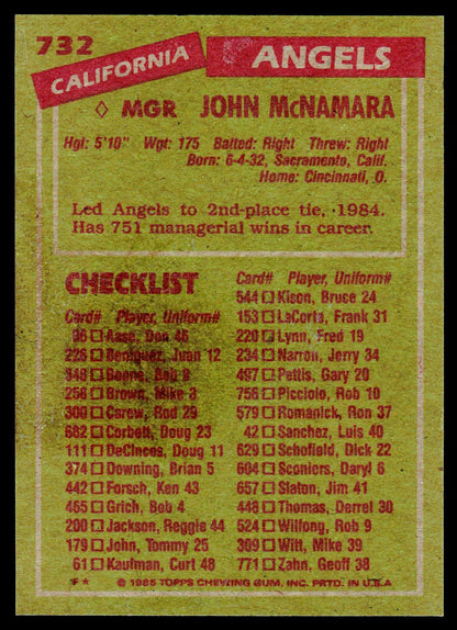 A vintage baseball trading card back for John McNamara of the California Angels, featuring a yellow-green background with red and white text blocks and a checklist column.