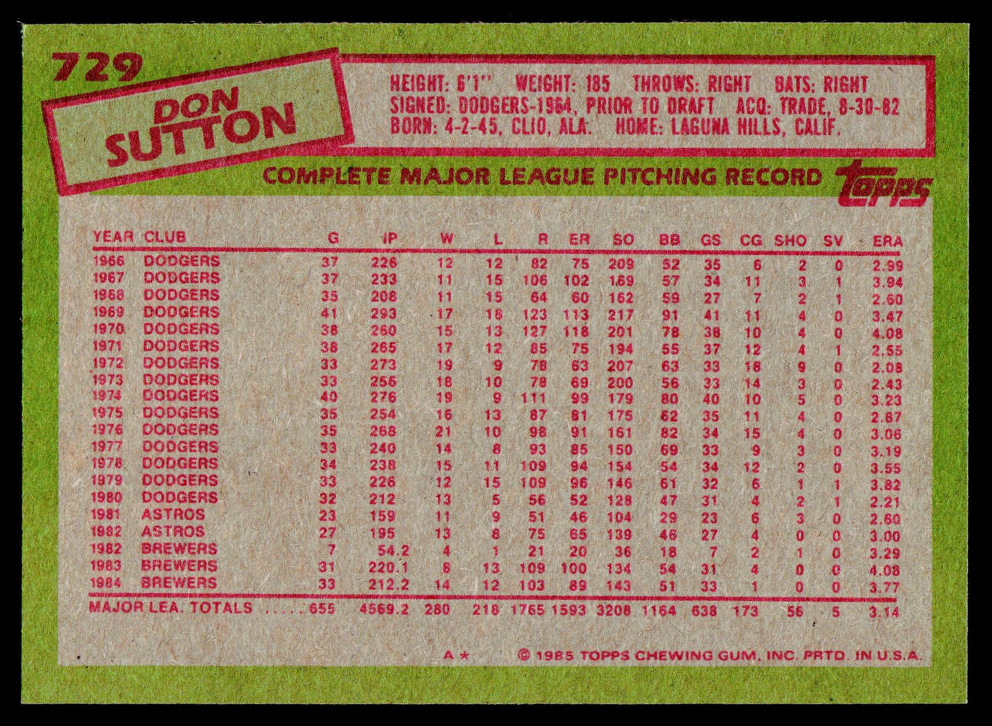 1985 Topps #729 Don Sutton