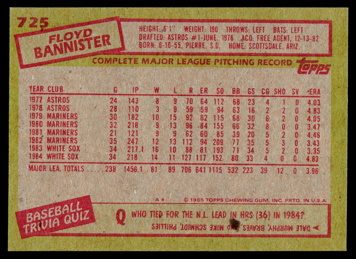 1985 Topps #725 Floyd Bannister