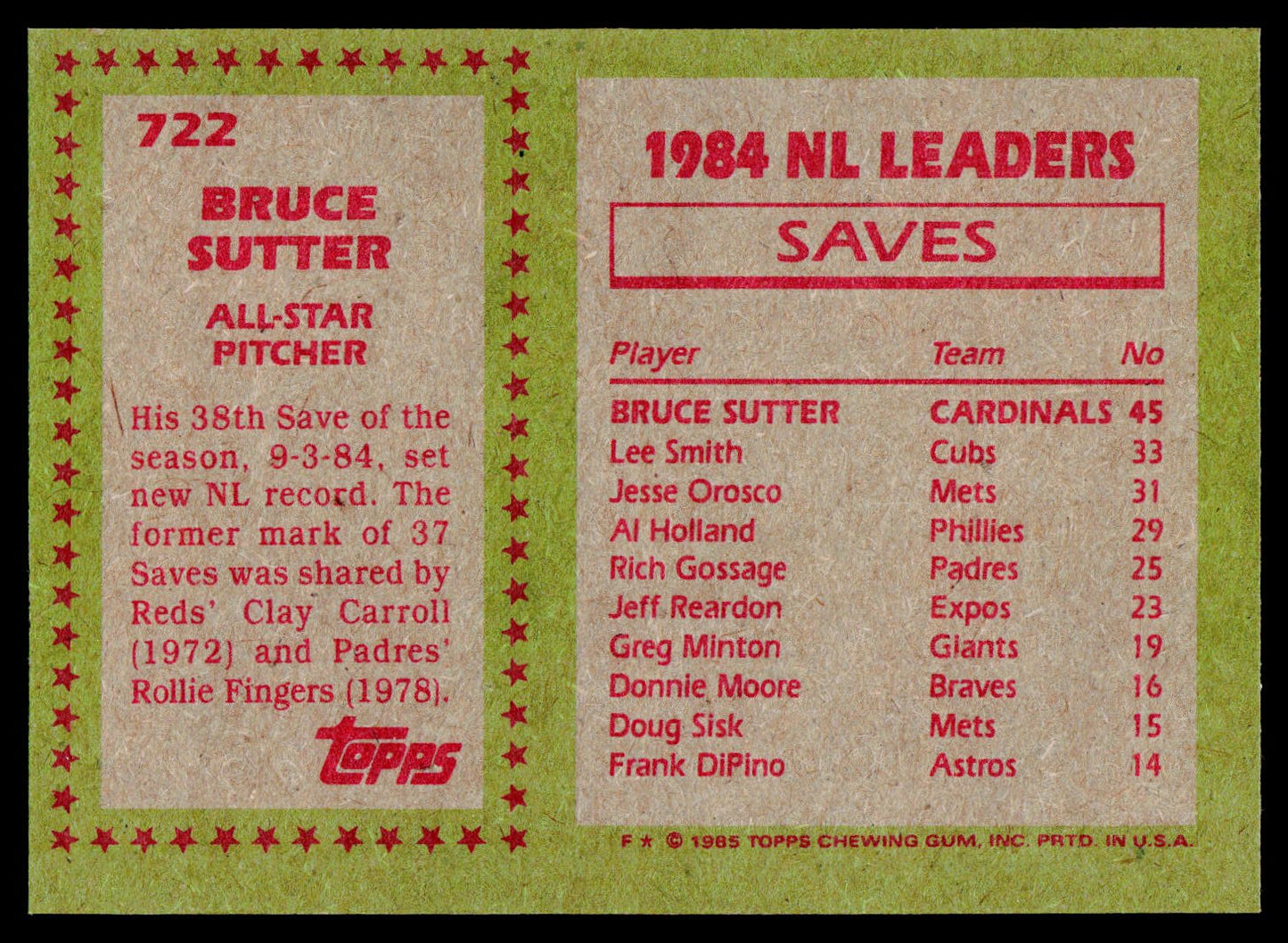 1985 Topps #722 Bruce Sutter