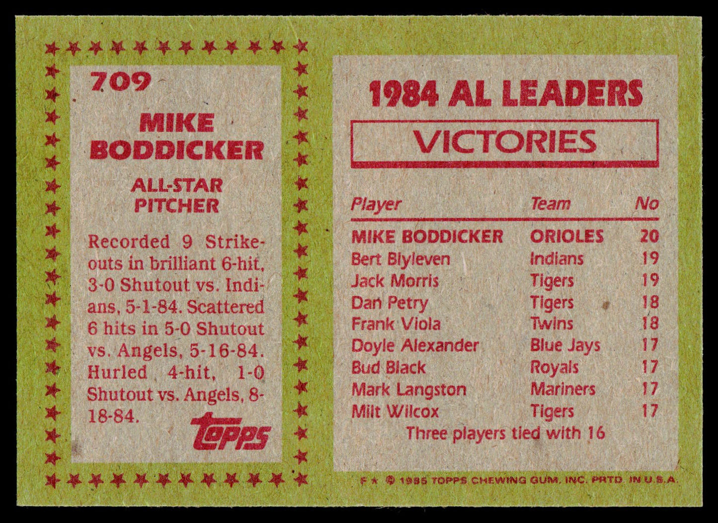 1985 Topps #709 Mike Boddicker