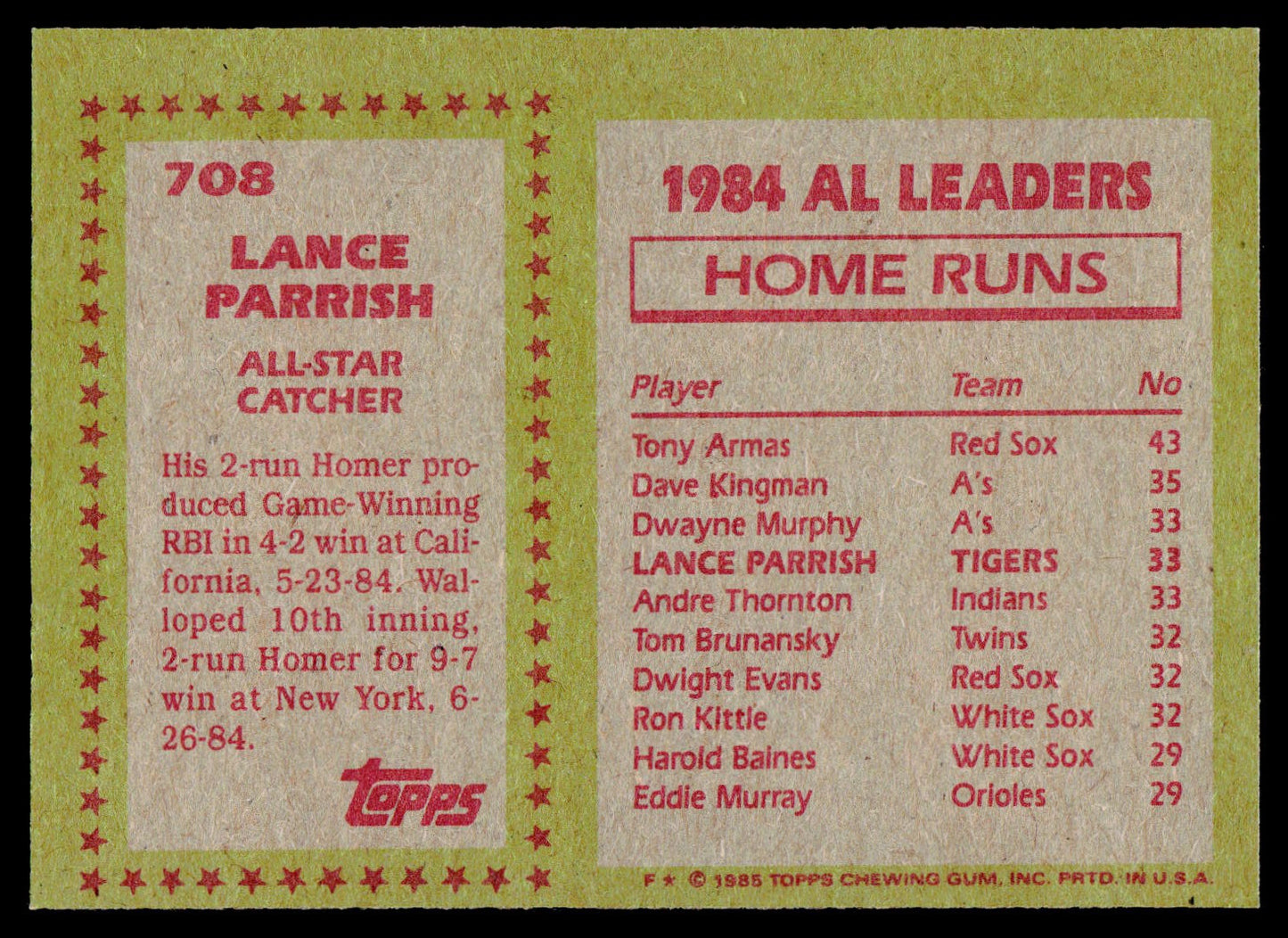1985 Topps #708 Lance Parrish