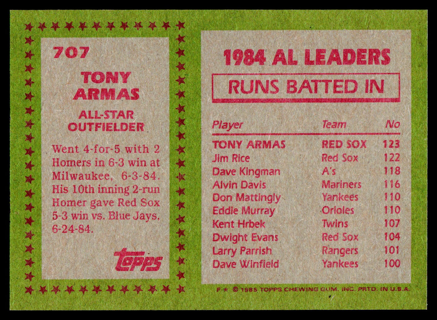 1985 Topps #707 Tony Armas