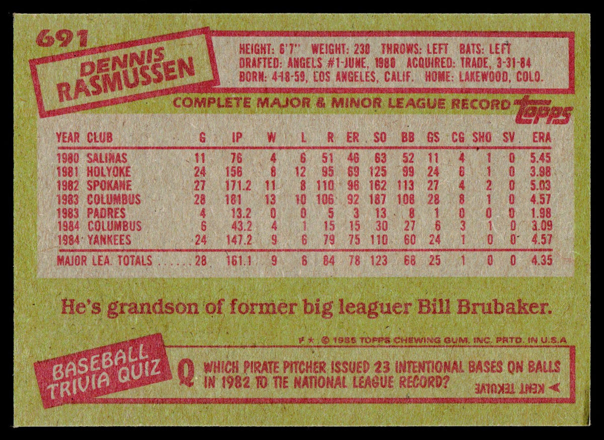 1985 Topps #691 Dennis Rasmussen