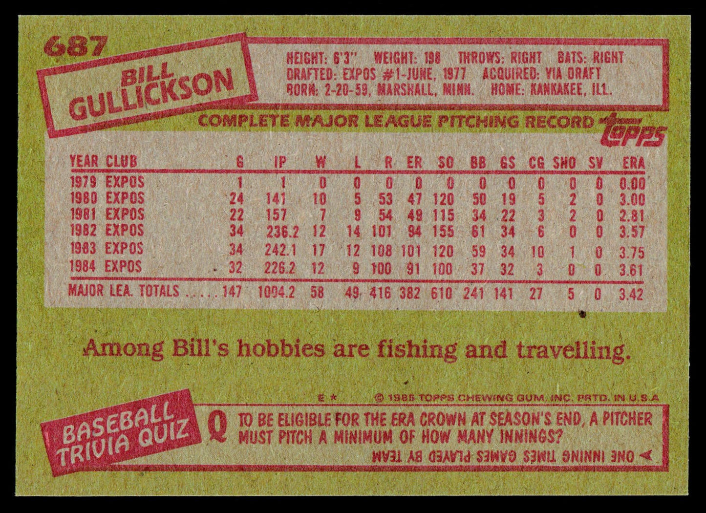 1985 Topps #687 Bill Gullickson