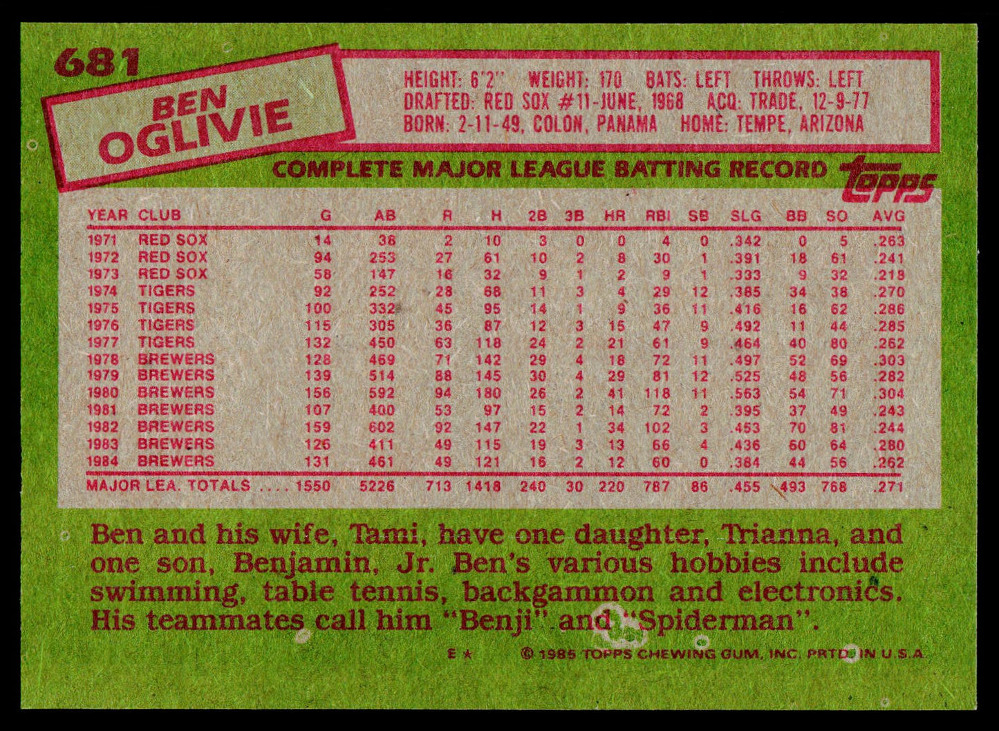 1985 Topps #681 Ben Oglivie
