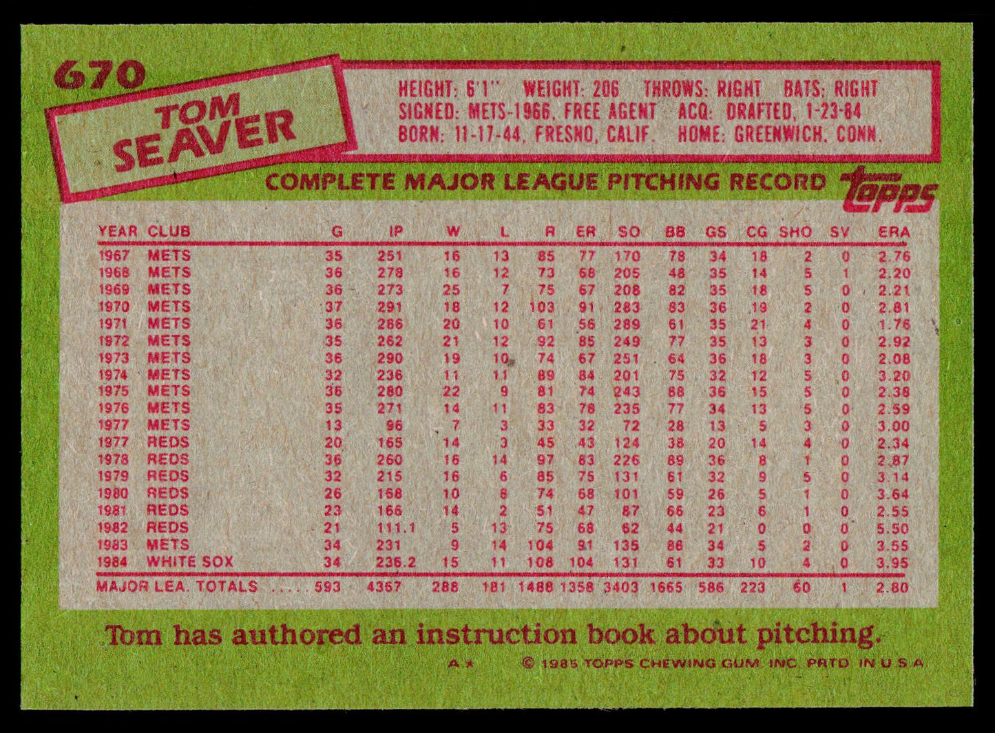 1985 Topps #670 Tom Seaver