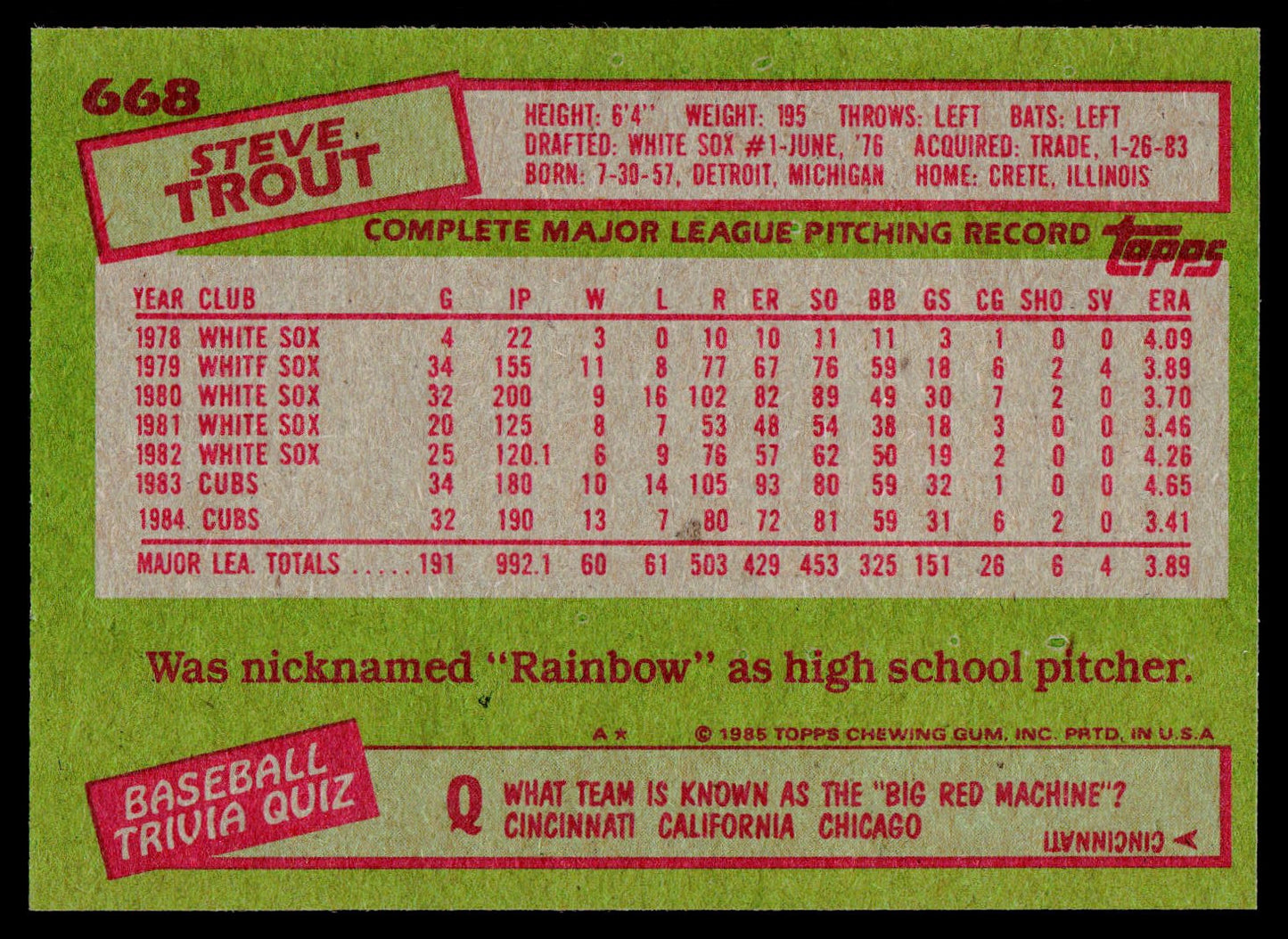 1985 Topps #668 Steve Trout