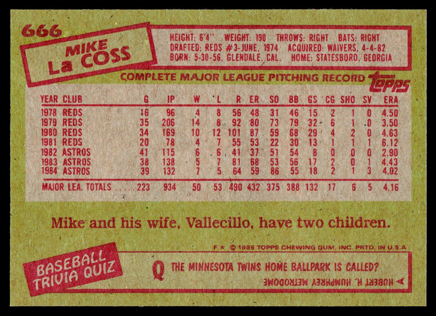 1985 Topps #666 Mike LaCoss